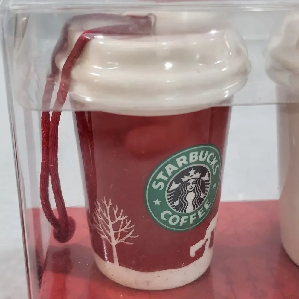 Starbucks 2006 To Go Coffee Cups Ceramic Ornaments x2 Holiday Decor #236294 NIP